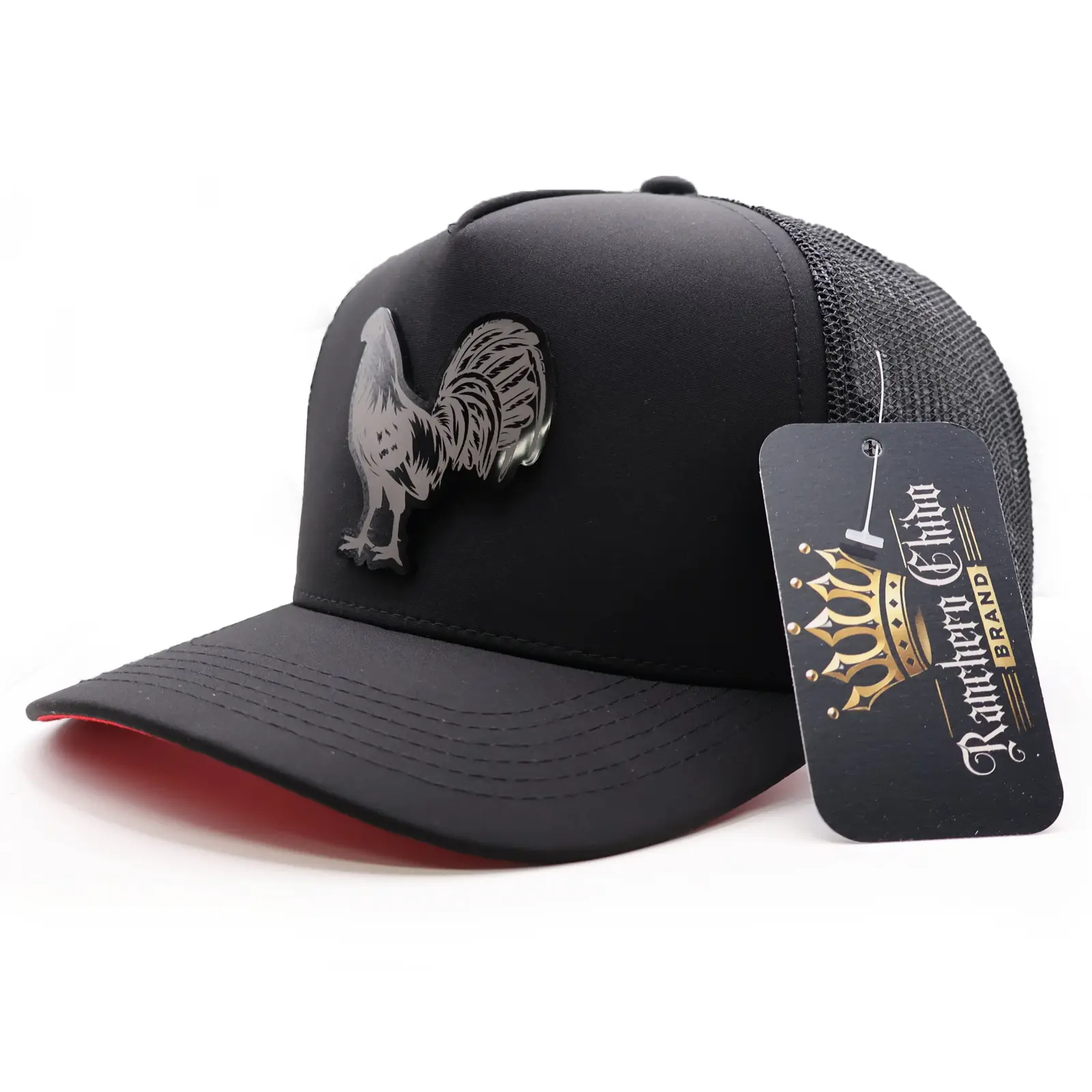 El Gallo Black & Red Mesh Snapback Hat – High Crown 5 Panel Trucker Cap w/ Acrylic Rooster Badge | Ranchero Chido
