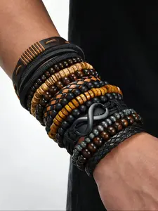 Men's PU Leather Bracelet Set, Casual Fashion Accessory for Various Occasions, Perfect Gift for Birthdays and Holidays