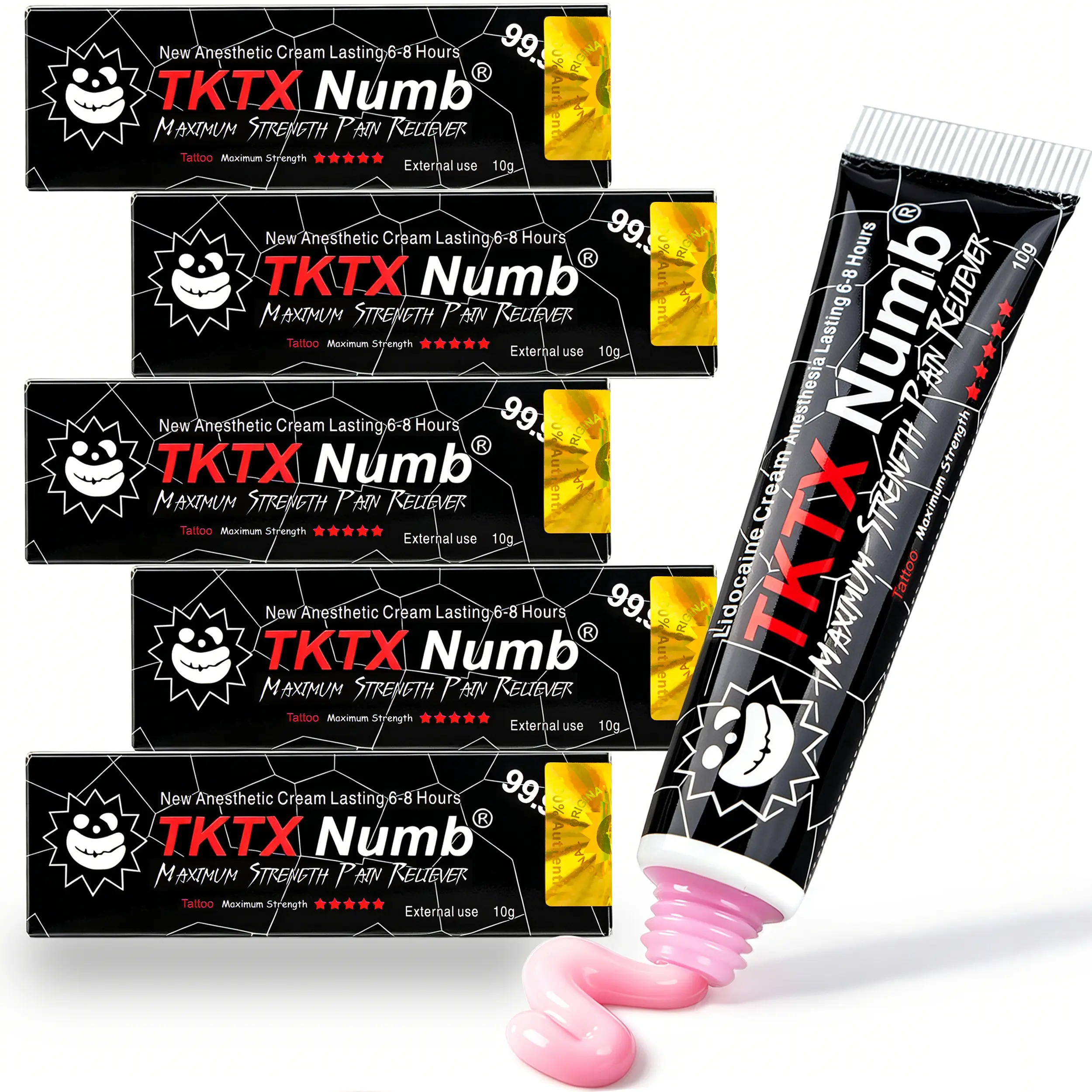 5 Pack TKTX Tattoo Numbing Cream I Black 99.9% Limited Edition Very Strong I For Tattoos I Laser Removal | Waxing I EyebrowThreading I Tattoo Numbing Cream 10g