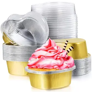 3pcs 100ml Heart Shaped Pudding Cup, Aluminum Foil Cake Cup with Lid, Cupcake Tray for DIY Pastry Dessert