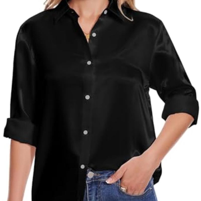 YAMANMAN  Loose Fit Casual v-neck Top Satin Blouse  Business Fashion Soft Breathable Summer Women's Loose Long Sleeve Collared Shirt