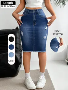 Women's Slim Fit Ripped Denim Skirt, High-Waisted Elastic Knee-Length with Pockets, Casual Button Closure, All-Season Fashion for Daily Wear