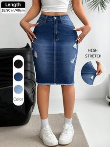 Women's Ripped Pocket Denim Skirt, Fashion Casual Denim Skirt for Daily Outdoor Wear, Ladies Bottoms for Summer