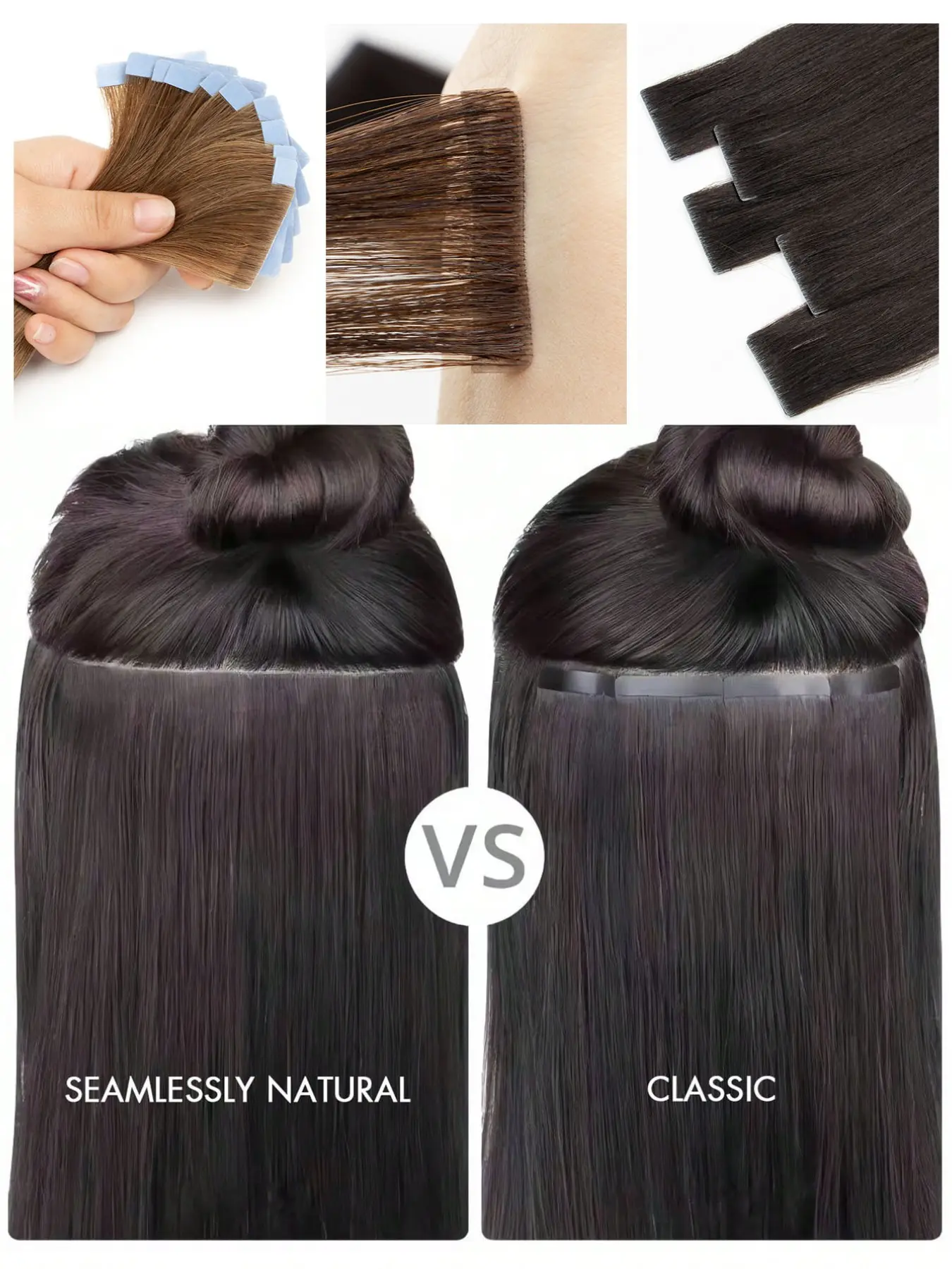 Invisible Injected Tape In Hair Extensions - 1 Pack Natural Straight Remy Human Hair, Light Beige Weft Ponytail Hair Extensions, Natural Straight Hairpiece for Caucasian Women & Men (12" 14") - Seamless Blending, Damage-Free Application