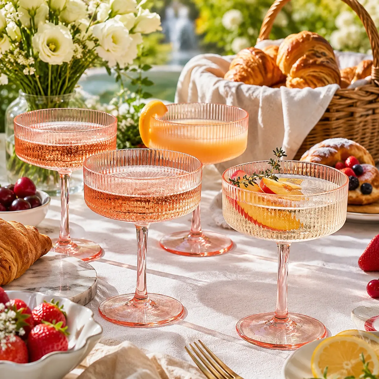Khen Pink Peach Acrylic Ribbed Coupe Martini Champagne Cocktail Glasses, Set of 4, 8 oz Shatterproof Ripple Stemware European Style Reusable Drinkware Goblets, Indoor Outdoor Parties Weddings Bar Gift