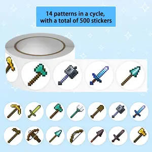 500 Sheet Roll of Minecraft Weapon Guide Round Self-Adhesive Stickers, Waterproof for Electric Bikes & Laptops, Versatile Gaming Accessories, Sticker Sheets