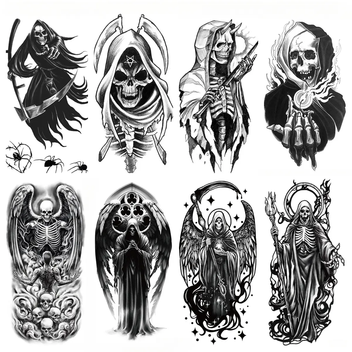 8-Pack Waterproof Skull Temporary Tattoo Stickers, Black and White Halloween Designs, Waterproofing Feature, for Forearm Wear, Skull Shapes