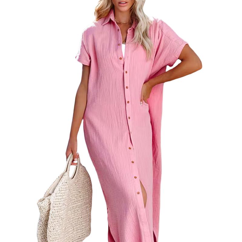 Women Maxi Shirt Dress Short Sleeve Button Down Long Kimonos Cardigans Side Slit Loose Cover Up Beach Sundress