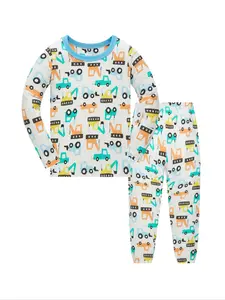 Boys' Long Sleeve Pants Set, Cartoon Digger Print, Comfortable Casual Home Wear, Pajama Lounge Sets, Cartoon Pattern Pajamas, Print Sleepwear, Spring & Fall for Kids Aged 1-8 Years