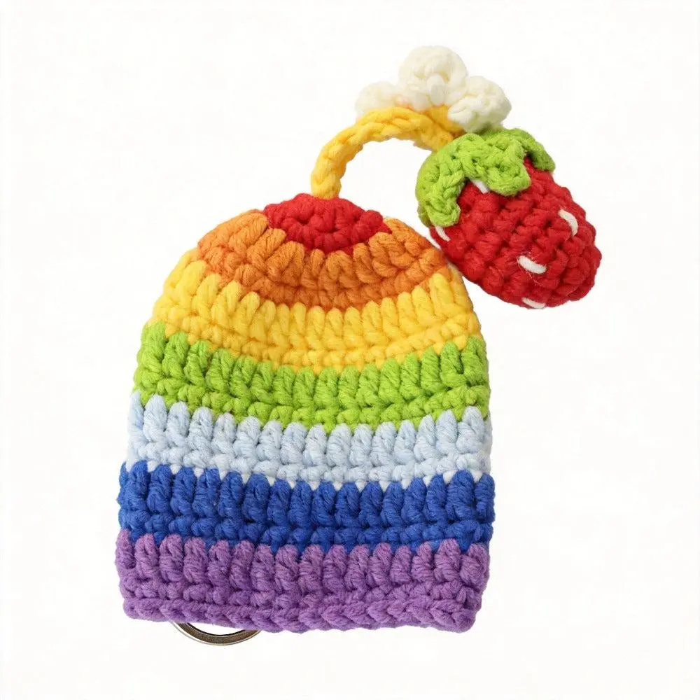 Handmade Crochet Cute Rainbow Key Cover Hat - Unisex Daily Cotton Yarn Accessory for Color Lovers, Sturdy Durable Fabric, Fruit Strawberry Charm, Drawstring, Whimsical DIY Knitting Crochet Craft Item