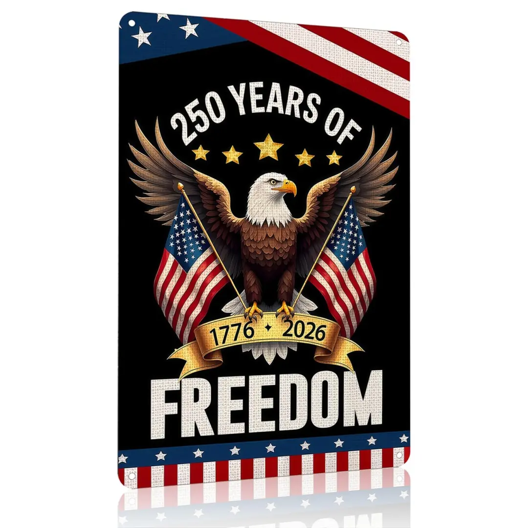 FunnySign 250 Anniversary USA Merchandise Vintage Patriotic Decor USA 250 Years of Freedom Eagle Design Tin Sign for Home Bedroom Front Door Yard Porch Decor 8 x 12 inches