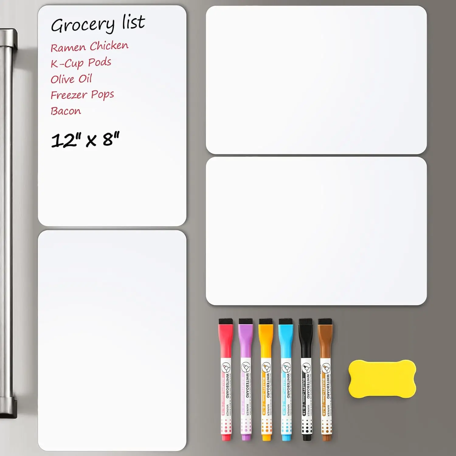 4 PACK  Dry Erase Board Sheet for Fridge, 12"x8" Erasable Refrigerator WhiteBoard w/ 6 Markers & 1 Eraser- Smooth and Flexible Small  Blank Notepad for  Kitchen Organizer and Planner
