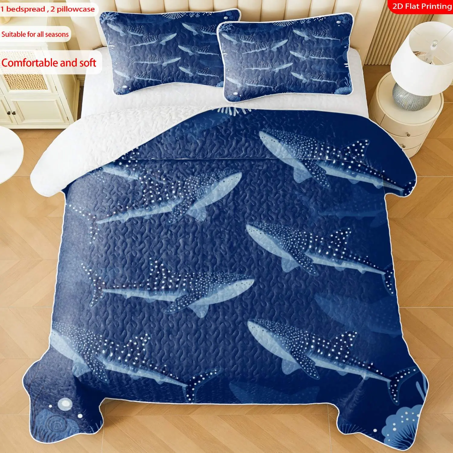 3 Pcs 2D Flat Print Ocean Whale Shark Bedspread Set, Soft and Comfortable, Multiple Sizes, Ideal for Gifting and Daily Use