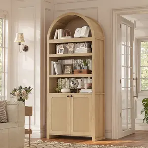 81" Tall Arched Bookcase with Storage, 6-Tier Cabinet with Door, 2 Book Dividers & Adjustable Shelves. Modern Bookshelf for Living Room, Kitchen, Home Office, Space-Saving, Oak
