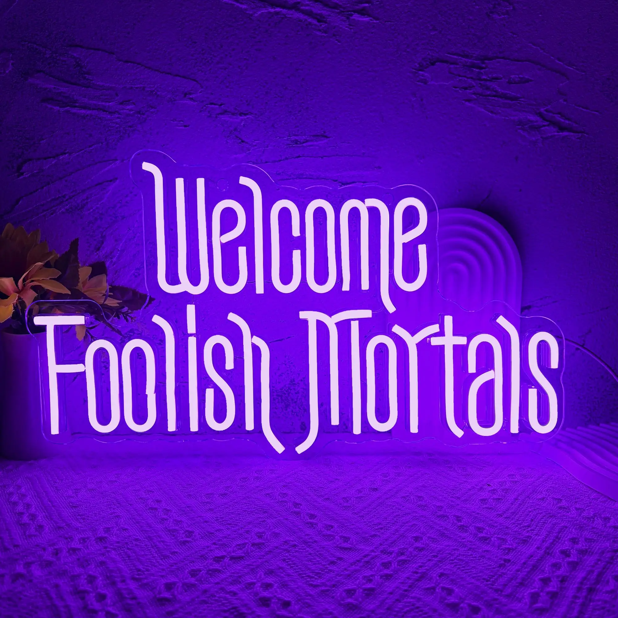 Welcome Foolish Mortals Halloween Neon Sign, Dimmable LED Coffin Wall Decor with Glowing LED for Haunted House, Halloween Party, and Birthday Gifts