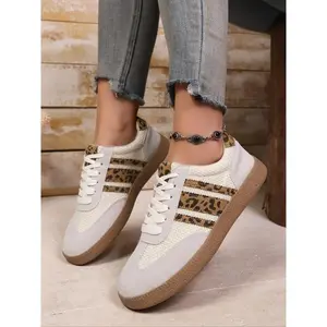 Women's White & Leopard Print Striped Lace - Up Sneakers with Patchwork Design, Casual Comfortable Canvas Walking Shoes, Versatile Footwear for Daily Commuting & Leisure, Female All - match Trendy Shoes for All Seasons, Casual Athletic Footwear