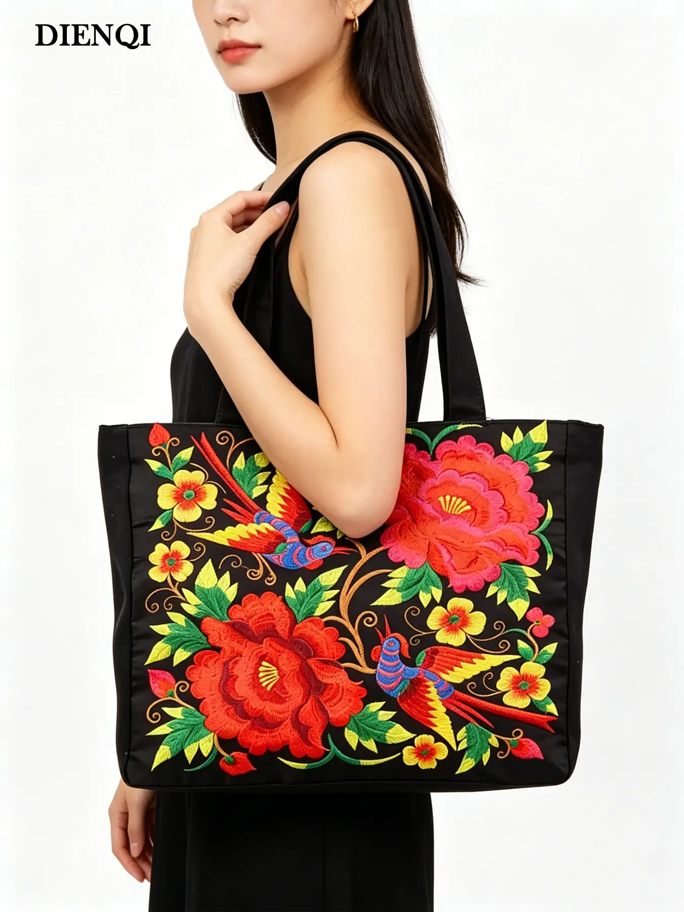 Ethnic Floral Embroidered Canvas Tote, Traditional Folk Bird & Flower Design, Bohemian Style Handbag for Daily Use, Perfect for Casual Outings, Casual Trendy Bag, Aesthetic Tote Bag, Creative Design Bag