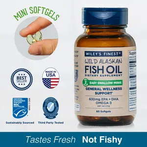 Wiley's Finest Wild Alaskan Fish Oil Easy Swallow Minis - Omega-3 Fish Oil Supplement for Adults and Kids - Double-Strength 630mg EPA and DHA Natural Supplements