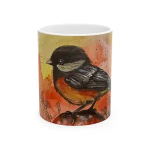 Colorful Glossy Reusable Ceramic Chickadee and Mushroom Mug - Maine-Themed Beverage Mug for Coffee, Tea, Cocoa with Original Artwork by Artist Jaime Leigh, "The Way Life Should Be!"