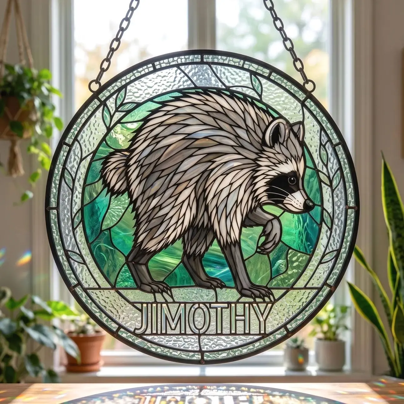 Jimothy Raccoon Stained Glass Suncatcher, Viral Seattle Meme Decor, Cute Raccoon Ornament