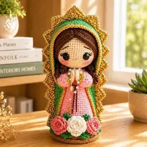 Handmade Crochet Our Lady Of Guadalupe Doll - Premium Virgin Mary Amigurumi Statue With Roses, Catholic Religious Gift Box Home Decor Figurine