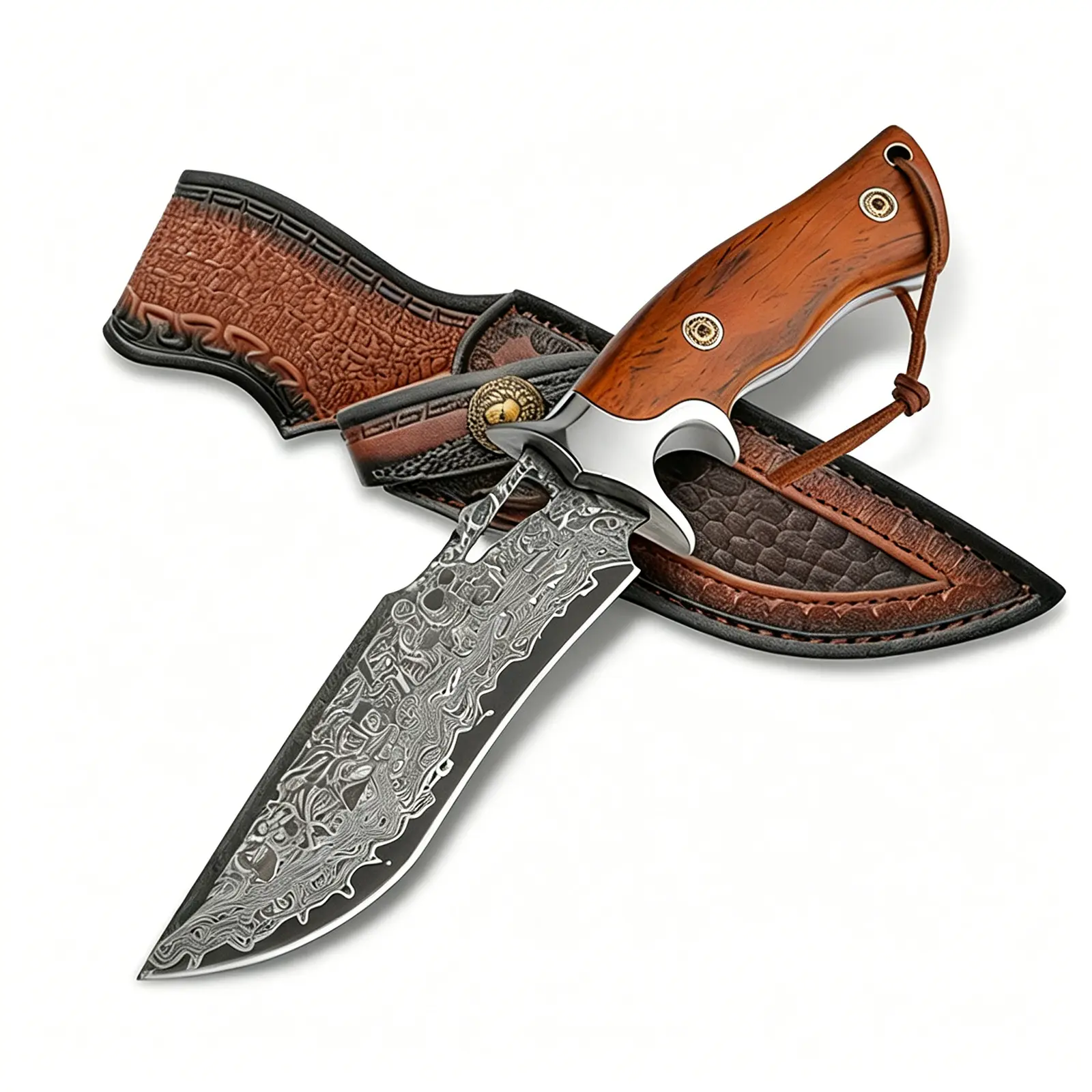 High-end household Damascus kitchen knife — high-hardness patterned steel slicing knife with solid wood handle and leather sheath; professional butcher knife; sharp slicing and filleting knife for kitchen use.