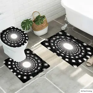 1/3Pcs Minimalist Circular Structure with Square Elements Bathroom Mat Set, Flannel Non Slip Bath Rug, Toilet U-Shape Mat, Toilet Lid Cover, Thickened Soft Absorb Water, Microfiber Surface Memory Foam Cushion, Ho, Bathroom Accessory