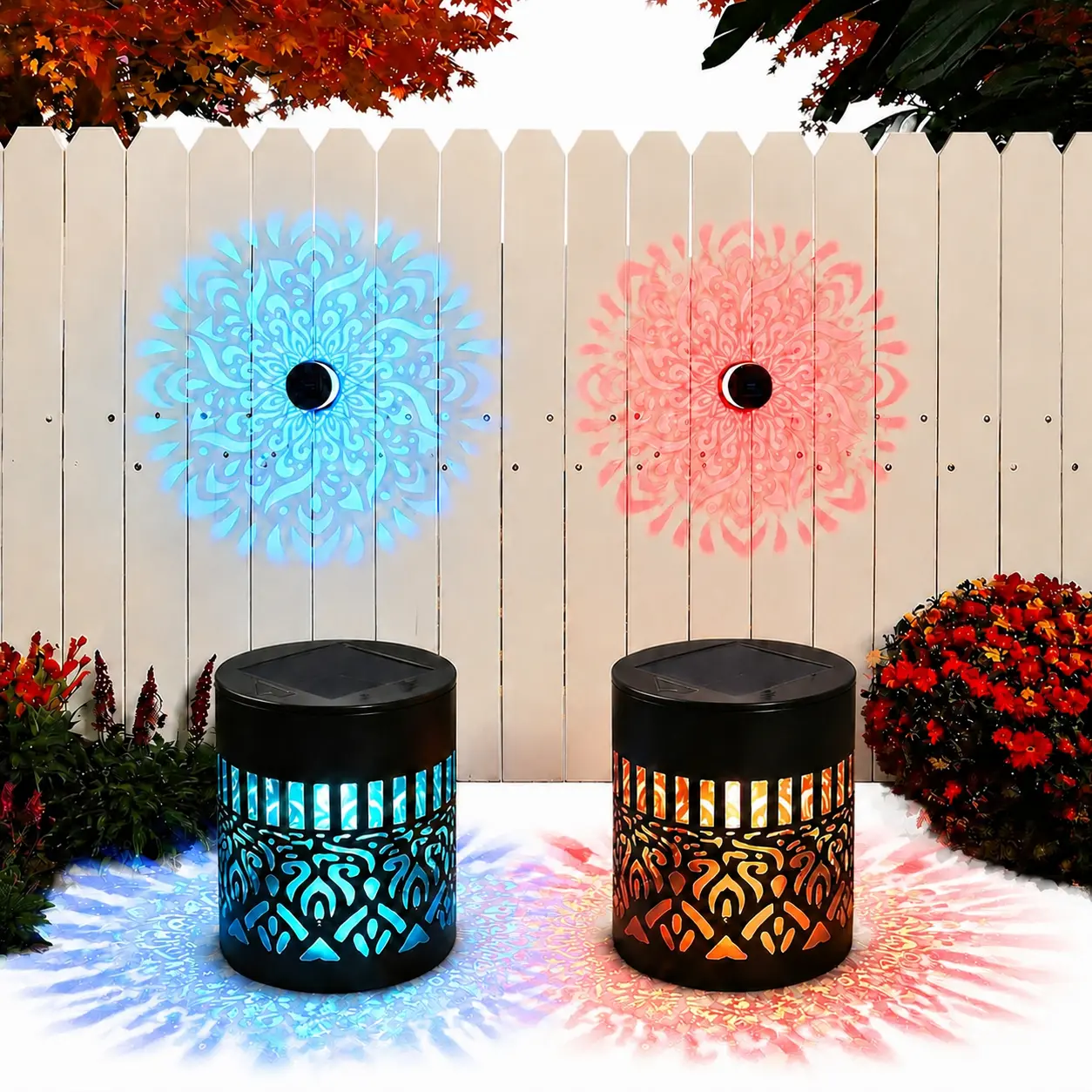 2-Pack RGB Color Changing Solar Mandala Fence Lights, Waterproof Projection Lamp, 7 Color Changing Outdoor Fence Light Set for Garden, Patio, Backyard, Halloween & Christmas Decor, Long Lasting Decorative Projector Lighting,statementlightingfixture