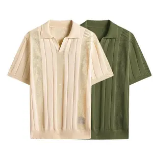 Men’s summer loose casual collared T-shirt set in off-white army green, two-tone knit with mesh cutout details