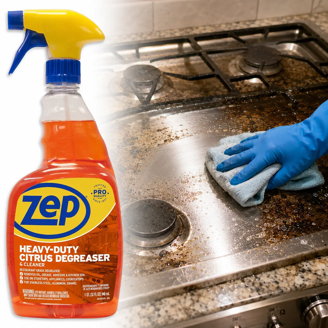 Zep Heavy-Duty Citrus Degreaser and Cleaner – Removes Grease and Grime – 32 oz, oil remover, adhesive remover, kitchen soil, appliances, grill cleaner, stovetop, range hood, oven hood, kitchen backsplash, fiberglass, aluminum, stainless steel, enamel