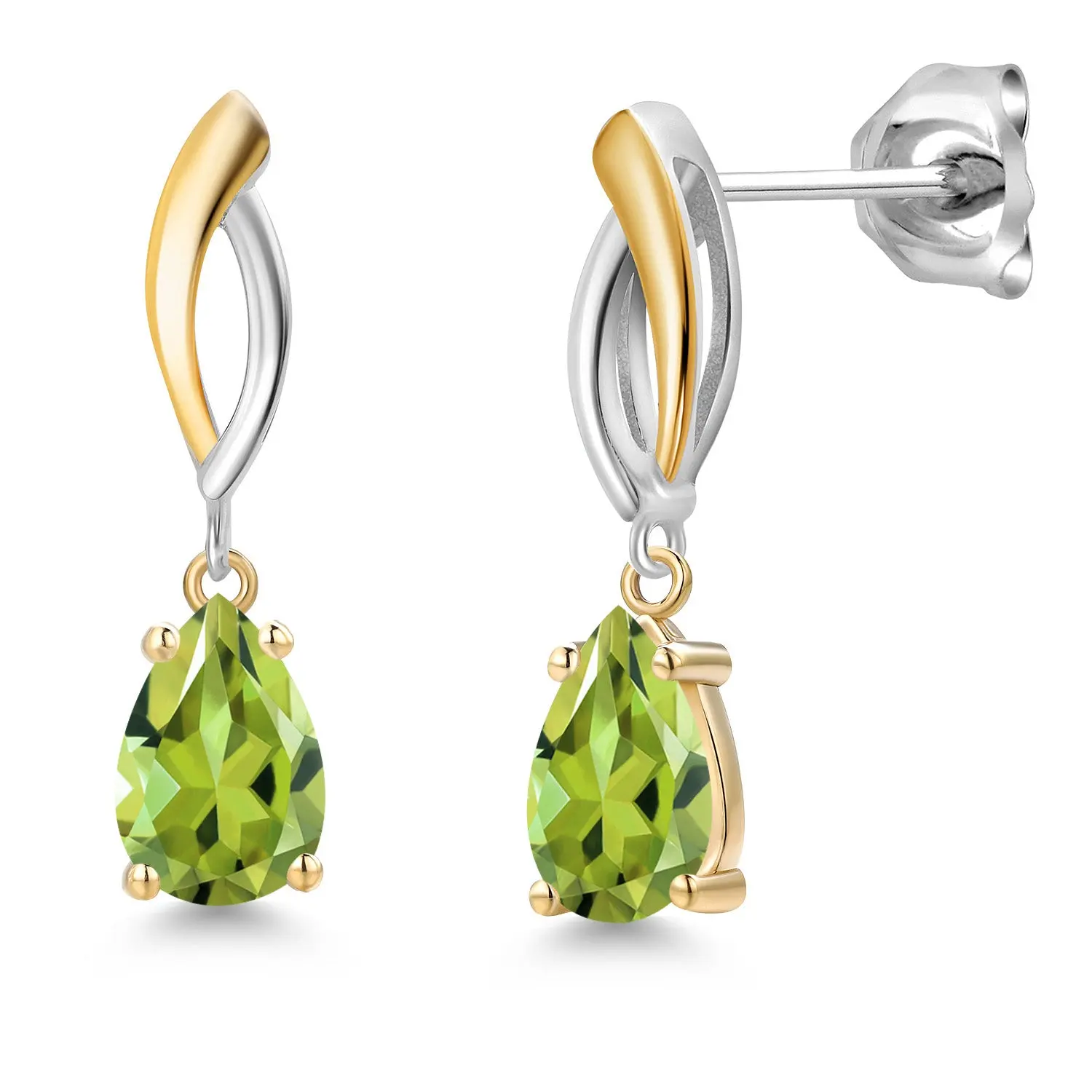 Gem Stone King 925 Silver and 10K Yellow Gold Green Peridot Dangle Earrings for Women | 1.83 Cttw | Gemstone August Birthstone | Pear Shape 8X5MM