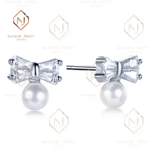 Mother of Pearl Studs with Moissanite Bow for Women