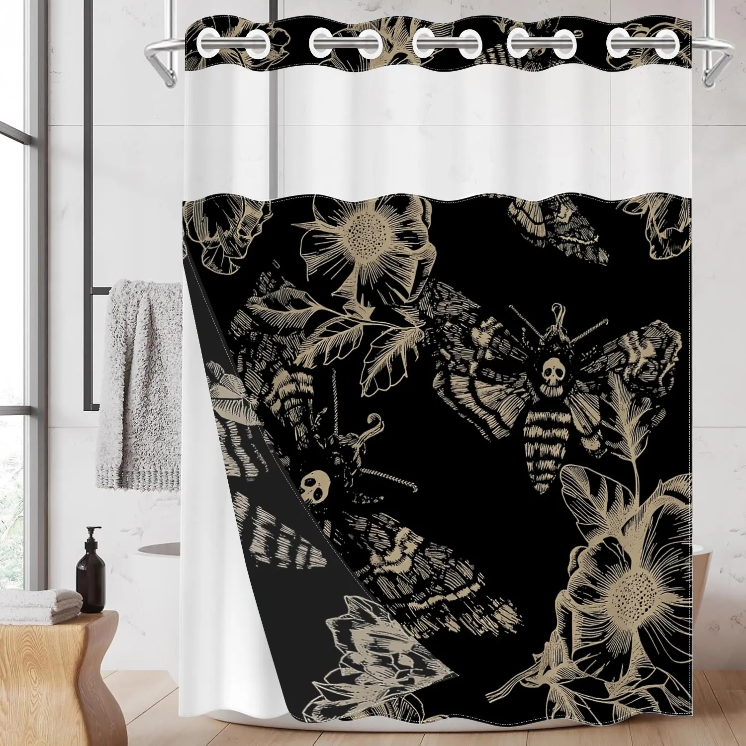 Double Layer Shower Curtain 71"×74", No Hook Gothic Moth Floral Bath Curtain, Vintage Spooky Style, Removable Liner, See-Through Top Window, Waterproof Mildew Resistant, Machine Washable Bathroom Decor