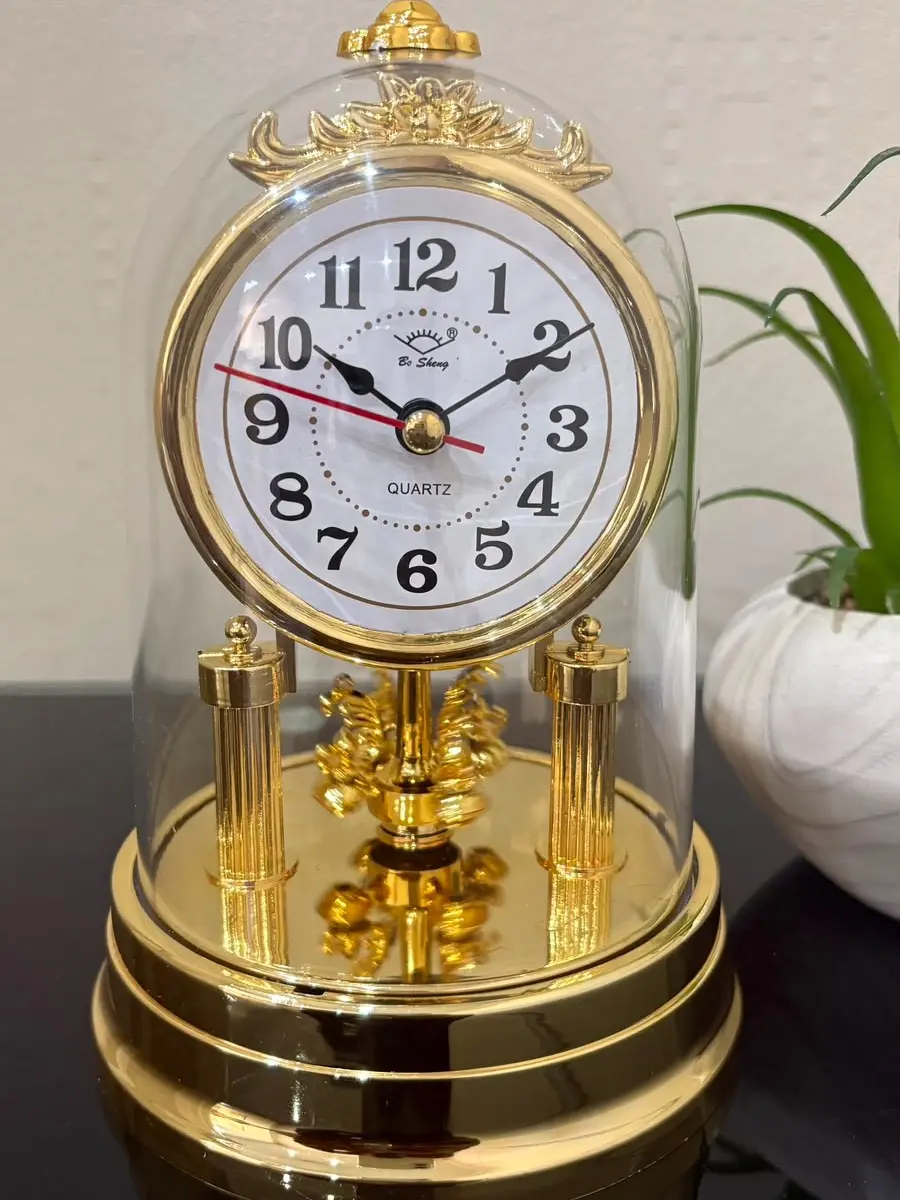 Vintage Style Rotating Pendulum Table Clock with Glass Dome Cover Decorative Battery Operated Quartz Desk Mantel Clock