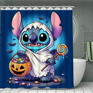 DISNEY CLASSIC Stitch Ghost Costume Shower Curtain with Pumpkin Candy Bucket, Halloween Themed, 12 Durable Hooks, Home Decor, New Home Gift Selection