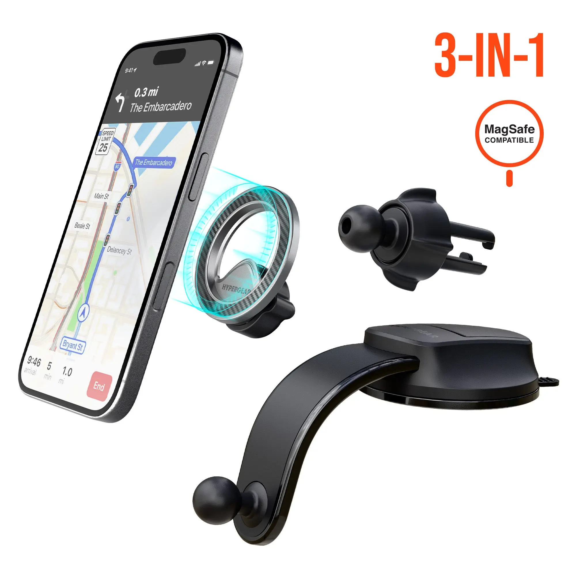 Hypergear Mag Grip Pro Magnetic Phone Mount 3-in-1 Kit - Phone Holders & Mounts with 3-in-1 Design, Magnetic Fit, Hands-Free Driving, Navigation Ready - Vent, Dashboard, Windshield Compatible (Silver) for Car Owners, Versatile Mounting Solutions