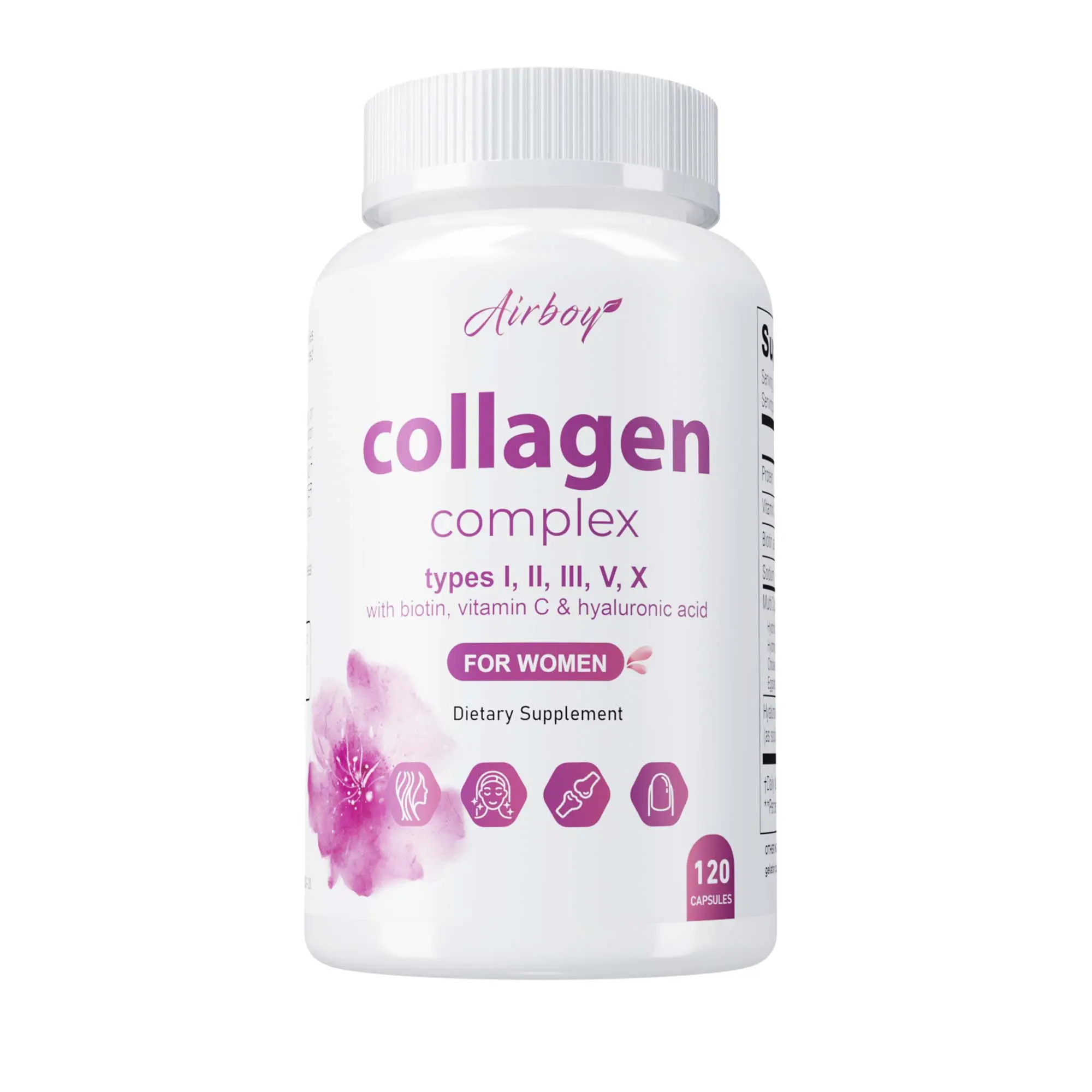 Airboy Women's Complex Collagen Peptide Capsules - Contains Biotin, Vitamin C, and Hyaluronic Acid - Supports Hair, Skin, Nails, and Joint Health - 120 Capsules/Multi-bottle Pack