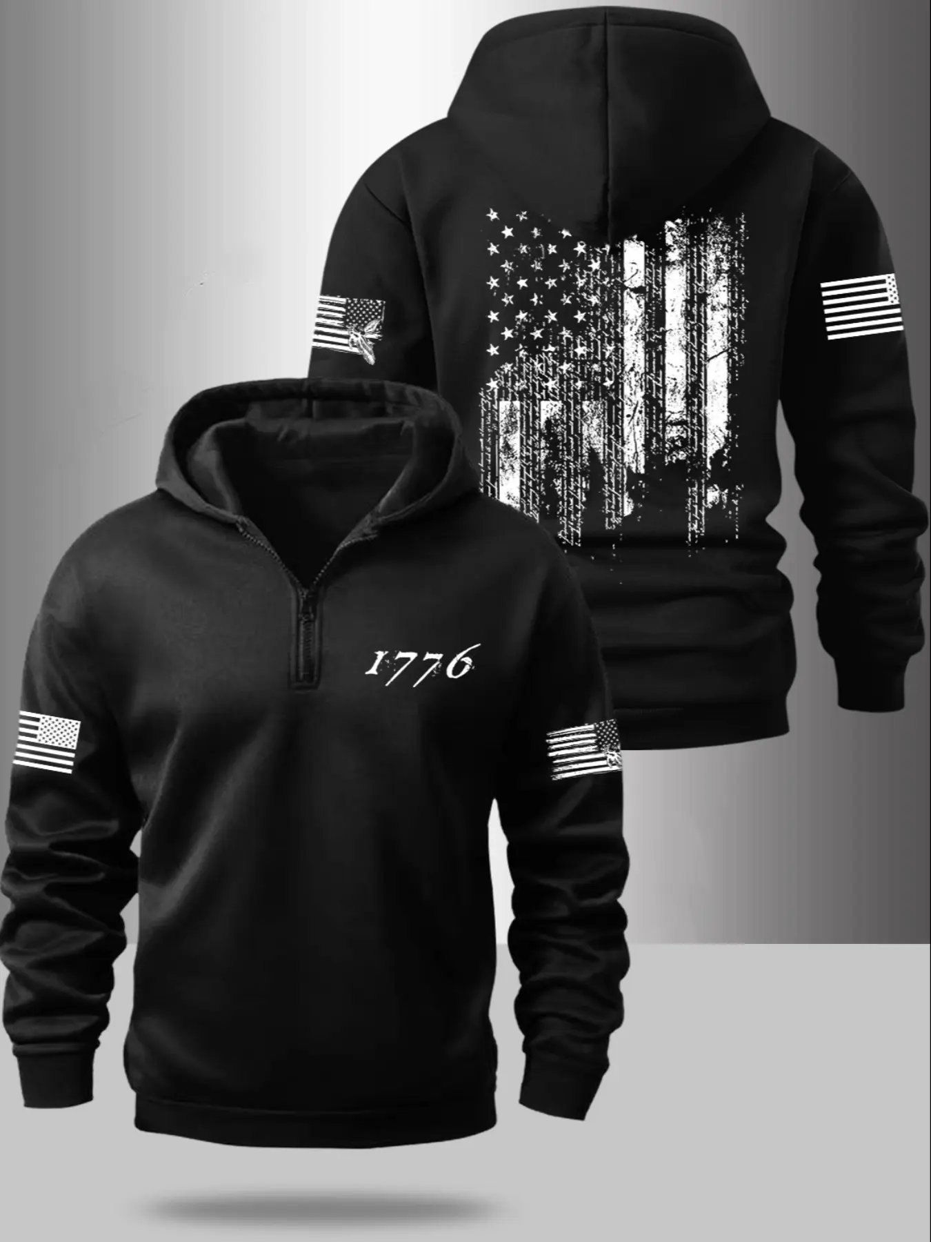 Men's Fall Winter Flag Series Graphic Print Half-Zip Hoodie, Fitted Long Sleeve Sweatshirt with Zipper Design, Casual Fashion Daily Wear