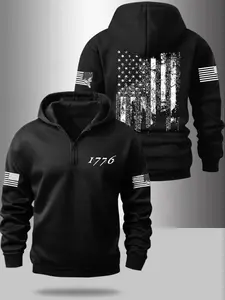 Men's Fall Winter Flag Series Print Half-Zip Hoodie, Fitted Long Sleeve Sweatshirt with Zipper Design, Casual Fashion Daily Wear
