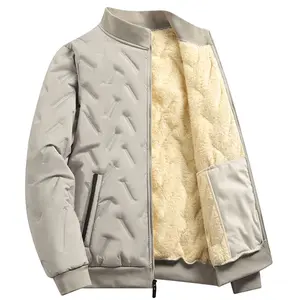Men's Apricot Lamb Wool Jacket, a autumn and winter outdoor warm elastic stand-up collar cotton-padded coat with polyester fabric, fleece lining, zipper closure, designed for casual sports and long sleeves.