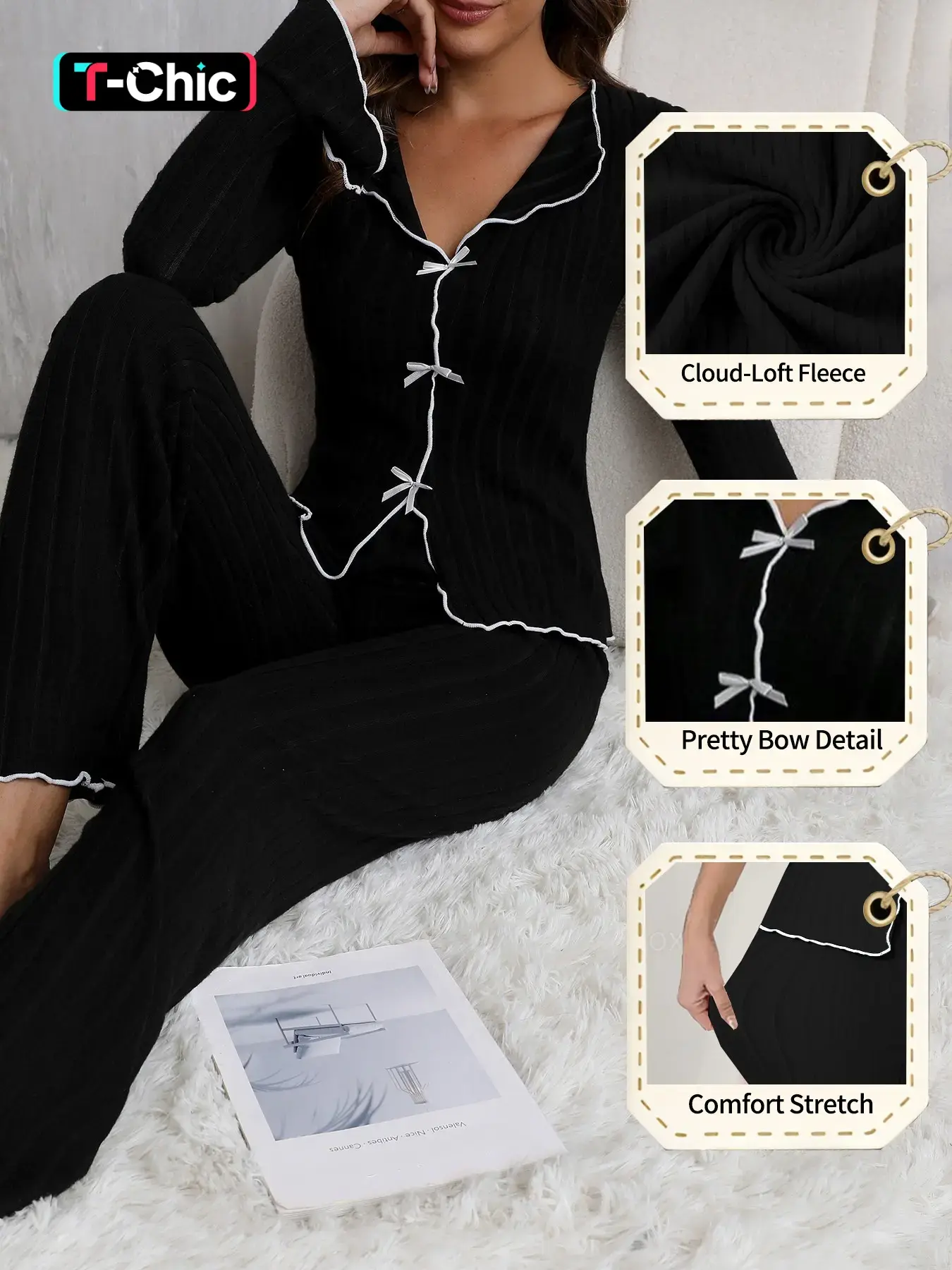 Women's Spring Autumn Winter Plain Basic Thickened Warm Sweet Bow Lace V-Neck Long Sleeve Loungewear Nightwear Pajama Pjs Home Set Two-Piece Suit Womenswear
