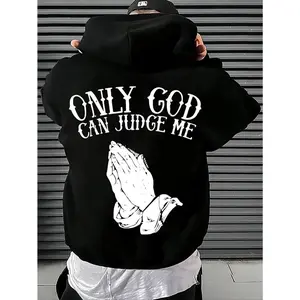 Men's Oversized Hooded Sweatshirt with "Only God Can Judge Me" & Prayer Hands Back Print - Soft Pullover Hoodie, Kangaroo Pocket, Machine Washable, Black/White Lettering, Religious Statement Apparel for Layering (Fall/Winter)