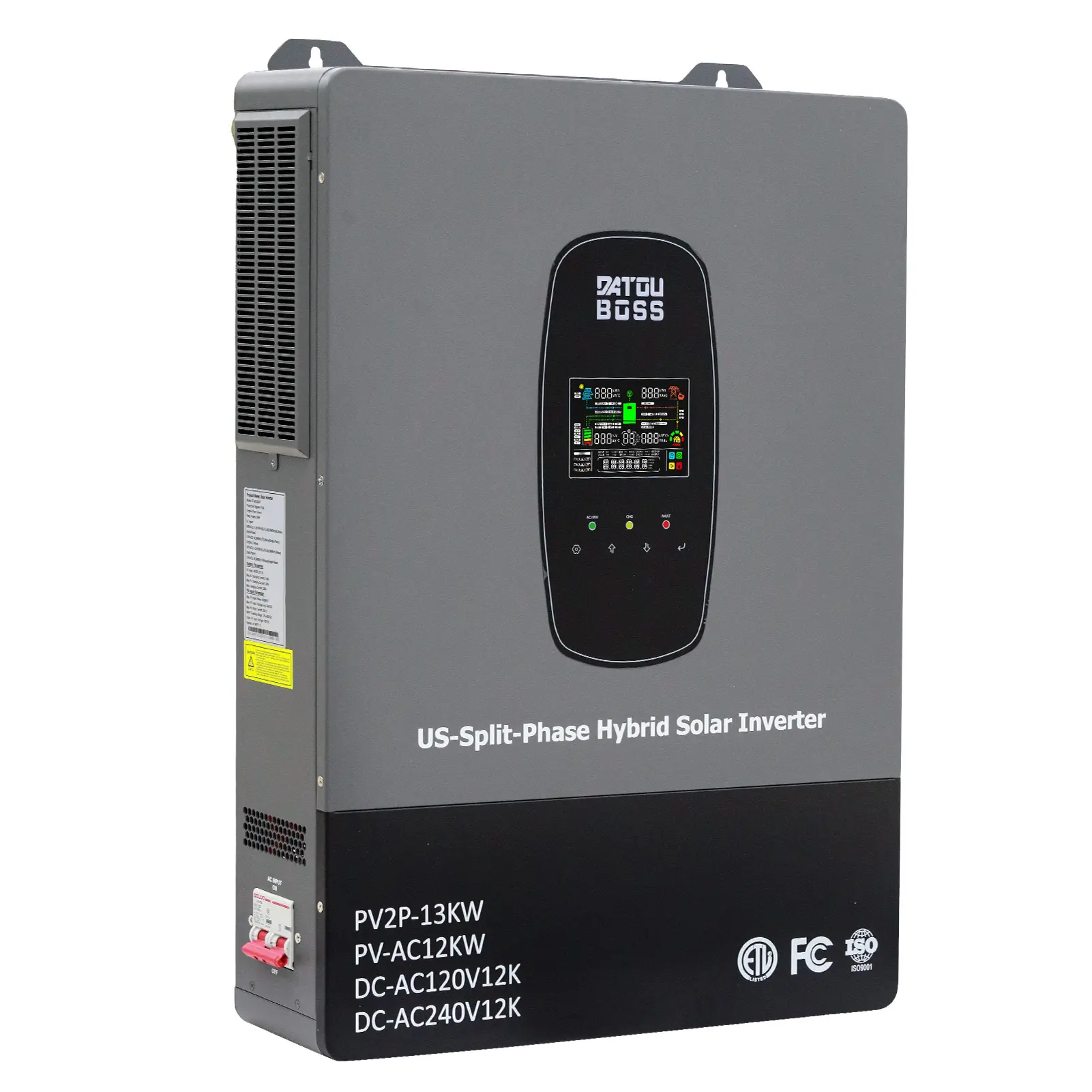 DATOUBOSS 12000W Hybrid Solar Inverter - 48V DC to 110V/240V AC Split-Phase, Built-in 2 MPPT Controllers, Pure Sine Wave, Max 220A Charging Current, WiFi Control, BMS, LED, Max 6 Parallel Capability