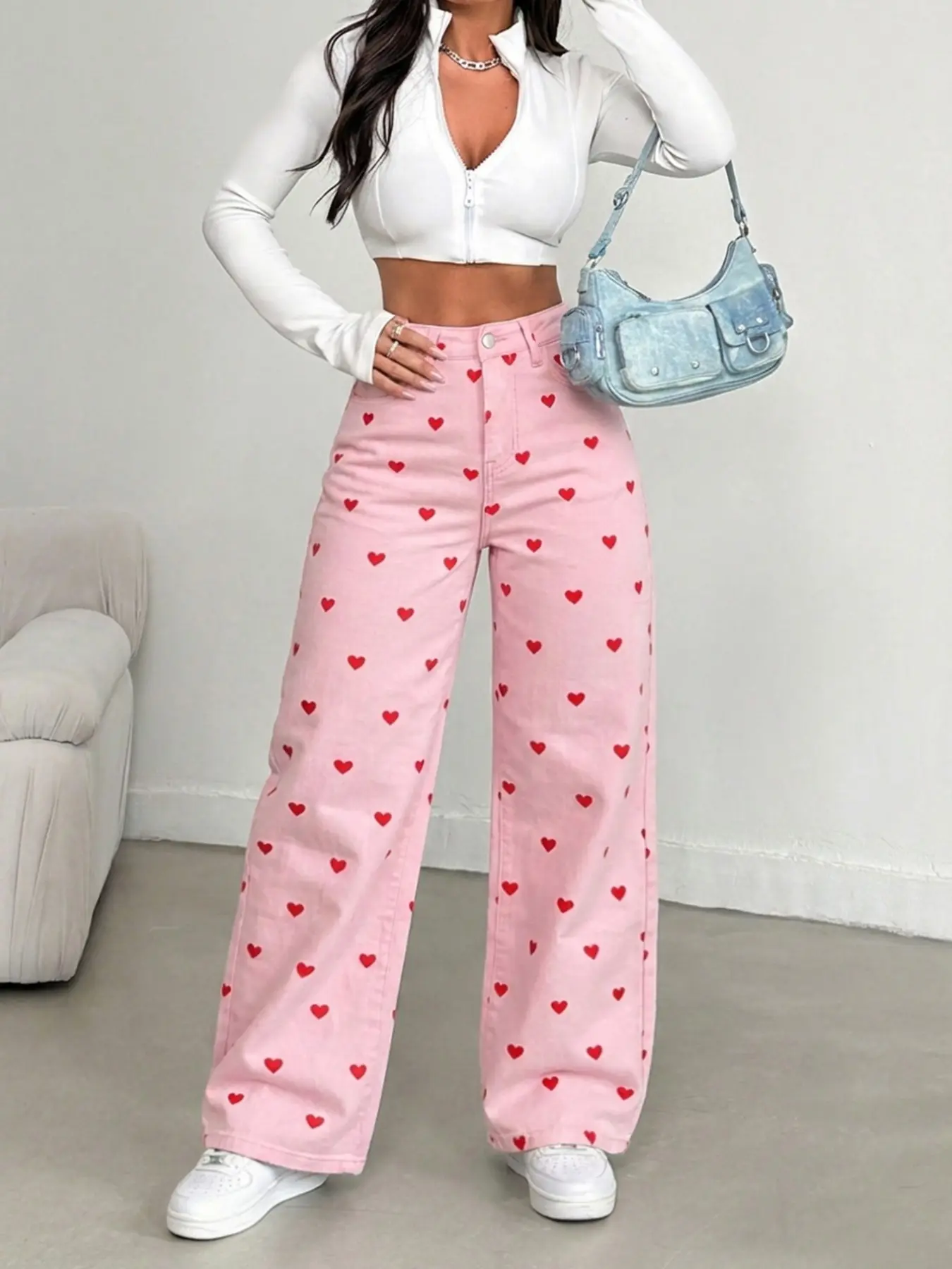 High Waist Loose-Fitting Baggy Elastic Heart Print High Waisted Denim Jeans for Women, Pants, Trouser, Bottom, Womenswear, Casual All Seasons Wide Leg Design, Perfect for Dates and Outings