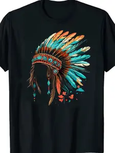 Native American Indian Headdress Graphic T-Shirt for Men, Casual Cotton Tee with Feather Detail, Round Neck,Ideal for Training & Outdoor Activities, Summer Top
