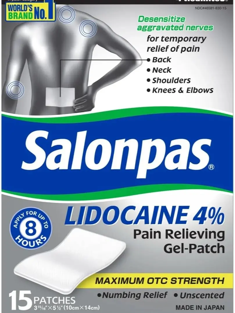 Salonpas Lidocaine 4% Pain RelievingGel-Patch, 15 Count, Heat Patch for Back, Neck, Shoulder, Knee & Elbow Pain