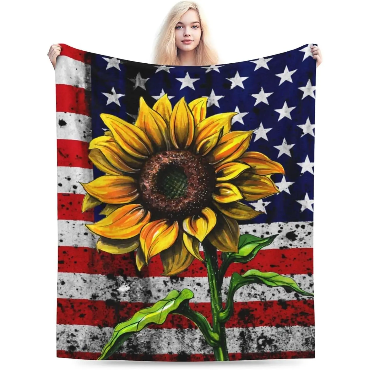 Sunflower American Flag Blanket USA Flag Soft Warm Throw Print Blanket for Couch Bed 60 x 50 inch