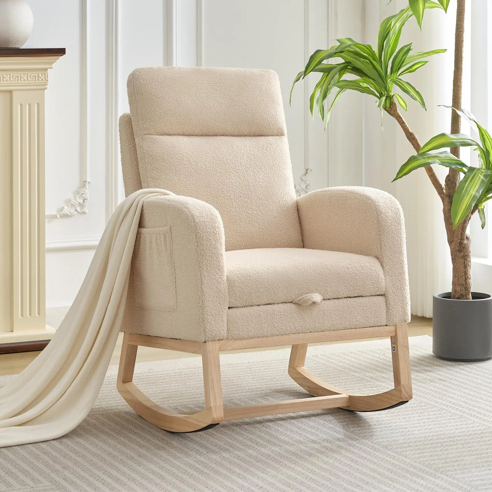 Beige Modern Foam Upholstered Rocking Armchair with Footrest - Comfy Accent Chair, Single Person Ergonomically Adjustable Seat, Cushioned Arms, High-back Neck Ease - Bedroom Reading, Baby Nursing Indoor Furniture, Comfy Accent Chairs