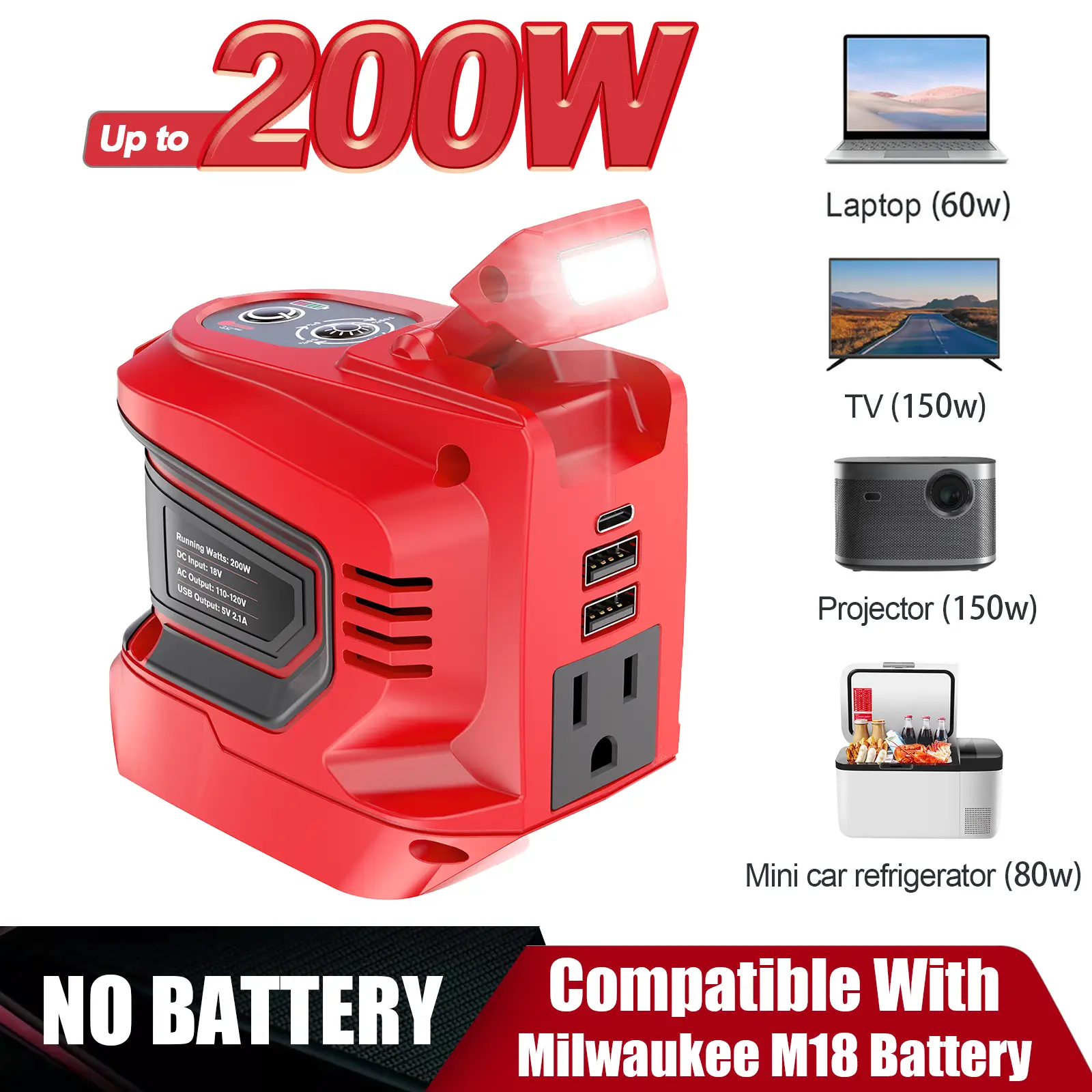 200W Power Inverter for Milwaukee M18 Battery, Battery Not Included, DC 18V to AC 110-120V Battery Inverter, Portable Power Station Generator, Charger