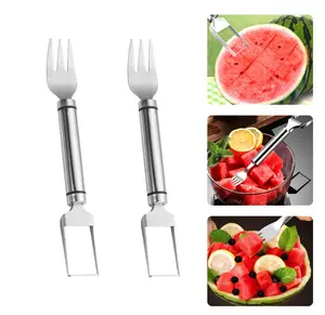 2PCS Watermelon Fork Slicer Cutter, 2 in 1 Stainless Watermelon Slicer Watermelon Fork Fruit Cutter Dual Head Watermelon Fork Slicer Cutter For Home Kitchen Compaign Party Gadgets(2pcs)